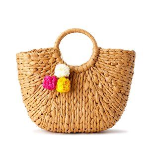 Rose Round Handle Large Tote with Poms